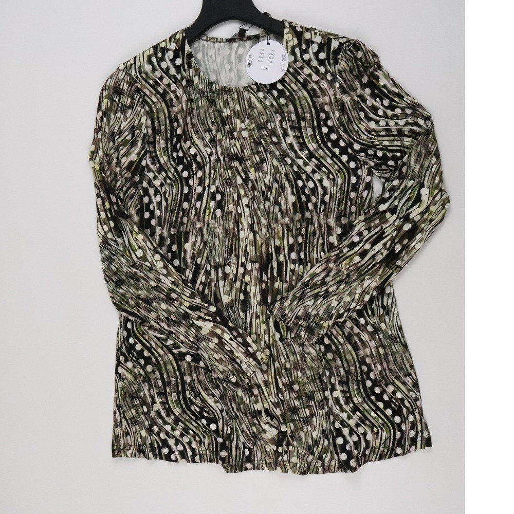 Sunday Long Sleeve Top Abstract Wavy Polka Dot Green Black M NWT